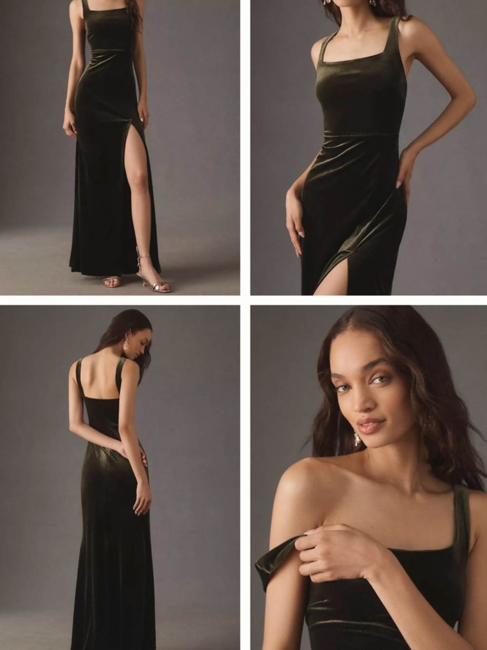 Anthropology BHLDN BLAKE Olive Green Velvet Square Neck Slit Maxi Dress Large